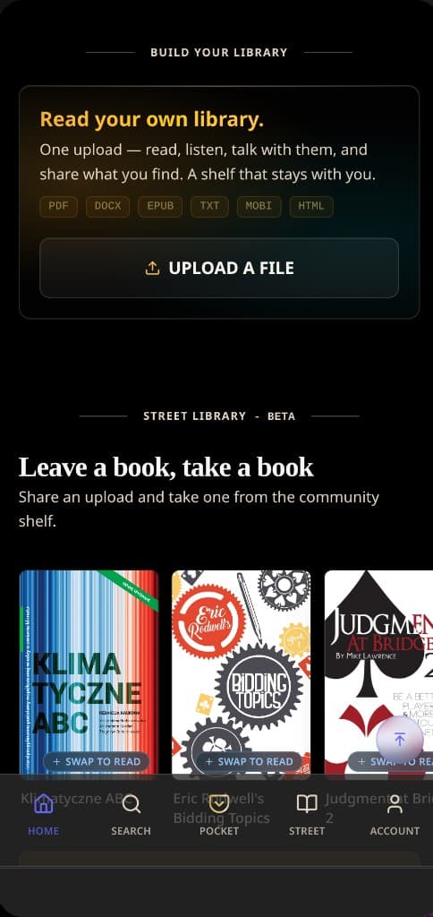 Build your library — upload PDF, EPUB, MOBI