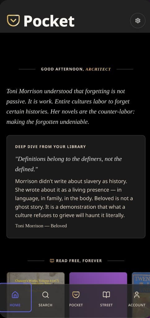 Pocket home with curated shelves and a Toni Morrison deep-dive